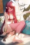  1girl absurdres animal_ears arm_strap bare_shoulders barefoot bed bikini black_choker bracelet breasts choker cleavage closed_mouth commentary_request commission dancer dungeon_and_fighter fake_animal_ears feet female_mage_(dungeon_and_fighter) gold_trim halterneck harem_outfit harem_pants highres jewelry long_hair looking_at_viewer medium_breasts mouth_veil nishikikope on_bed pants pillow pointy_ears rabbit_ears red_bikini red_eyes red_hair revealing_clothes second-party_source see-through_clothes see-through_pants sitting skeb_commission smile soles solo string_bikini swimsuit thighs toes veil very_long_hair working_slave_(character) 
