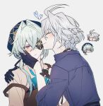  2boys anaxa_(honkai:_star_rail) anaxa_(ingenuity)_(honkai:_star_rail) antenna_hair apron aqua_eyes back black_choker black_gloves blue_eyes blue_hat blue_shirt blush brown_apron chibi choker closed_mouth collared_shirt coojisan eyepatch gloves grey_hair half-closed_eyes half_gloves hand_on_another&#039;s_cheek hand_on_another&#039;s_face hat highres honkai:_star_rail honkai_(series) male_focus medium_hair multicolored_eyes multiple_boys multiple_views one_eye_covered phainon_(fashion)_(honkai:_star_rail) phainon_(honkai:_star_rail) pink_eyes shirt short_hair simple_background smile sweatdrop two-tone_eyes upper_body white_background white_shirt yaoi 