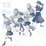  6+girls bj_(juusan_kihei_bouei_ken) black_hair black_socks blonde_hair blue_skirt blush braid brown_hair closed_eyes commentary_request copyright_name crop_top fingerless_gloves from_side full_body fuyusaka_iori glasses gloves grey_hair gym_shorts hair_between_eyes hair_ribbon highres inuko_(ink0425) juusan_kihei_bouei_ken kisaragi_tomi long_hair long_skirt medium_hair midair minami_natsuno multiple_girls navel pleated_skirt ponytail profile red_ribbon ribbon robot running sailor_collar school_uniform shinonome_ryouko_(juusan_kihei_bouei_ken) short_hair shorts skirt smile socks standing takamiya_yuki twin_braids walking yakushiji_megumi 