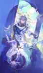  1boy bird black_gloves closed_mouth dove dual_persona earrings feathered_wings gloves grey_hair hair_between_eyes halo halo_behind_head head_wings highres honkai:_star_rail honkai_(series) jacket jewelry light_reflection_(water) long_sleeves male_focus medium_hair qingming_tiaohetu reflection shirt smile sunday_(honkai:_star_rail) white_gloves white_wings wings wings_over_eyes yellow_eyes 