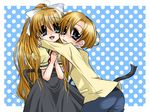  1girl air blonde_hair blue_eyes clannad crossover hikarizaka_private_high_school_uniform hug kamio_misuzu long_hair ponytail school_uniform short_hair sunohara_youhei yorumori_chiyo 