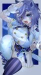  1girl 3am animal_ears black_boots black_thighhighs blue_eyes blue_nails blue_thighhighs boots breasts collared_dress dress fang fingerless_gloves gloves hair_ornament heterochromia highres holding lace-up_boots large_breasts mismatched_thighhighs multicolored_nails open_mouth oyu_(oy234u) raccoon_ears raccoon_girl ribbed_dress salute snuffy_(vtuber) solo sparkle_print star_(symbol) star_hair_ornament striped_clothes striped_thighhighs thighhighs two-tone_nails white_dress white_gloves yellow_eyes 