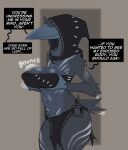 anthro artlegionary avian bandeau big_breasts biped bird bottomwear breast_grab breasts clothed clothing corvid corvus_(genus) crow dialogue english_text female front_view hand_on_breast hi_res holding_breast hood loincloth long_beak midriff mornne_(artlegionary) non-mammal_breasts oscine partially_clothed passerine short_tail skimpy smile solo tail text topwear