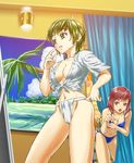  bikini copyright_request fitting_room front-tie_top fundoshi green_hair hajime_(caramel_toone) japanese_clothes multiple_girls red_eyes red_hair shirt short_hair swimsuit tied_shirt yamakasa yellow_eyes 