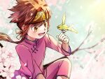  1boy bird branch brown_eyes brown_hair cherry_blossoms chinese_clothes fingernails green_bird headband highres male_focus mizuto_(o96ap) open_mouth outdoors pants pink_pants pink_shirt saiyuki shirt solo son_goku_(saiyuki) spring_(season) 