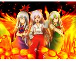  ^_^ blue_hair bow closed_eyes crossed_arms dual_persona ex-keine fiery_wings fire fujiwara_no_mokou green_hair hair_bow hand_in_pocket horns kamishirasawa_keine long_hair long_sleeves looking_at_viewer multicolored_hair multiple_girls ofuda pants red_eyes shirt short_sleeves smile standing suspenders sutagu touhou very_long_hair white_hair wings 