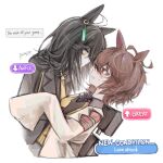  2girls agnes_tachyon_(umamusume) animal_ears arrow_(symbol) black_coat black_hair black_shirt brown_eyes brown_hair coat doktahzaki ear_tag english_text eye_contact highres horse_ears horse_girl lab_coat looking_at_another manhattan_cafe_(umamusume) multiple_girls necktie shirt sleeves_past_fingers sleeves_past_wrists sweatdrop sweater umamusume white_coat yellow_eyes yellow_necktie yellow_sweater yuri 