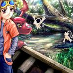  artist_request brown_hair claws digignome digimon digimon_tamers goggles guilmon lowres male_focus matsuda_takato monster red_eyes solo tree water yellow_eyes 