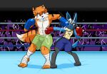 abs anthro audience body_tape boxing_gloves boxing_shorts camera_flash canid canine clothing duo face_punch felid fighting_ring fox generation_4_pokemon group handwear hybrid lucario male mammal netto-painter nintendo pantherine pokemon pokemon_(species) punch tiger
