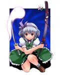  bad_id bad_pixiv_id blue_eyes crossed_arms dress dual_wielding ghost green_dress hitodama holding holding_sword holding_weapon katana konpaku_youmu konpaku_youmu_(ghost) looking_at_viewer namine0079 puffy_short_sleeves puffy_sleeves sheath short_hair short_sleeves silver_hair solo sword touhou unsheathed weapon 