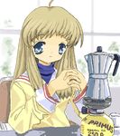  blue_eyes brown_hair clannad long_hair lowres miyazawa_yukine school_uniform solo stove thermos toshi_(little-fluffy-cloud) 