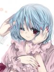  bad_id bad_pixiv_id blue_hair hair_tousle nail_polish no_hat no_headwear one_eye_closed out_of_frame petting purple_nails red_eyes remilia_scarlet smile solo_focus touhou yatosaki_haru 