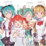  4girls aigis_(persona) android arrow_(symbol) black_gloves blonde_hair blue_eyes bow bowtie breasts bui_(p5x) closed_eyes commentary crossover dress drill_hair earrings english_text gloves hair_between_eyes hatsune_miku headphones highres jewelry long_hair long_sleeves multicolored_hair multiple_girls nail_polish open_mouth paitan1007 persona persona_3 persona_4:_dancing_all_night persona_5 persona_5:_the_phantom_x persona_5_scramble:_the_phantom_strikers persona_dancing red_hair red_nails short_hair simple_background sophia_(p5s) strapless strapless_dress streaked_hair symbol-only_commentary twin_drills twintails vocaloid white_background yui_(p5x) 
