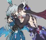  2girls asymmetrical_gloves back black_gloves black_hair blue_dress blue_hair blue_wings cerydra_(honkai:_star_rail) crown dress gloves hand_on_another&#039;s_cheek hand_on_another&#039;s_face holding_hands honkai:_star_rail honkai_(series) hysilens_(honkai:_star_rail) long_hair low_wings mismatched_gloves multiple_girls red_gloves wenzi_006 wings yuri 