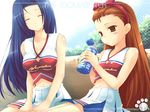  blue_hair bottle breasts brown_eyes brown_hair cheerleader cleavage closed_eyes idolmaster idolmaster_(classic) idolmaster_live_for_you! long_hair medium_breasts minase_iori miura_azusa multiple_girls non-web_source small_breasts water_bottle 