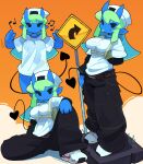 2_horns 5_fingers absurd_res azul_(bacun) backpack bacun beanie belt black_bottomwear black_clothing black_pants black_tail blue_ears blue_horn blue_tongue body_outline bottomwear breasts brown_belt clothed clothed_female clothed_humanoid clothing demon demon_humanoid digital_media_(artwork) eyebrow_through_hair eyebrows female female_humanoid fingers footwear front_view frown green_eyebrows green_hair hair hat head_horn headgear headwear hi_res horn horned_humanoid humanoid humanoid_pointy_ears loose_shirt mouth_closed musical_note musical_symbol not_furry orange_background pants pointy_ears pose road_sign shirt shoes simple_background small_waist solo spade_tail standing symbol tail tailed_humanoid tight_clothing tight_shirt tight_topwear tongue tongue_out topwear translucent translucent_clothing translucent_hair translucent_shirt translucent_topwear white_beanie white_clothing white_hat white_headwear