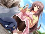  1girl animal bird black_pantyhose blue_sky blush boots brown_eyes brown_hair casual choker cloud day dress dutch_angle fish food game_cg hair_ornament holding holding_animal holding_fish holding_food inoino katsuragi_marina kouyoku_senki_exs-tia large_variant_set long_hair non-web_source official_art outdoors panties panties_under_pantyhose pantyhose pantyshot penguin pink_dress red_choker sky smile solo squatting underwear variant_set very_long_hair 