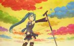  bandage_on_face bandages cloud colorful detached_sleeves green_eyes green_hair hatsune_miku kirobaito long_hair microphone microphone_stand necktie sky solo thighhighs torn_clothes twintails vocaloid zettai_ryouiki 