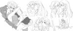  2girls apron blush bow braid breasts closed_eyes closed_mouth commentary_request greyscale hair_bow hand_on_another&#039;s_cheek hand_on_another&#039;s_face hong_meiling hug imminent_kiss izayoi_sakuya long_hair maid maid_headdress mero_(starfish_jcs) monochrome multiple_girls open_mouth pants smile sweat sweatdrop touhou twin_braids very_long_hair waist_apron yuri 