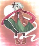  bangs black_hairband black_legwear blue_eyes blunt_bangs bob_cut boots coat hairband jacket konpaku_youmu konpaku_youmu_(ghost) long_skirt looking_at_viewer midori_(green_tea) pantyhose pigeon-toed scarf skirt smile solo standing touhou white_hair winter_clothes 