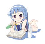  bad_anatomy bangs barefoot blue_hair blunt_bangs bottle eating hair_tubes hairband kannagi long_hair nagi purple_eyes reading solo usakou 