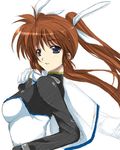  :o blush breasts brown_hair long_sleeves looking_at_viewer lyrical_nanoha magical_girl mahou_shoujo_lyrical_nanoha_strikers medium_breasts parted_lips purple_eyes simple_background takamachi_nanoha twintails uniform white_background 