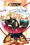  2boys air_bubble black_kimono black_pants blonde_hair bubble character_request closed_eyes curly_hair fishbowl full_body gakuran headpat highres japanese_clothes kimetsu_no_yaiba kimono long_hair multicolored_hair multiple_boys orange_eyes orange_hair pants red_rope rope school_uniform seaweed smile tanzaku tomkureson twitter_username two-tone_hair 