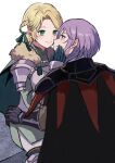  1boy 1girl armor black_cape black_gloves blonde_hair bow breastplate cape closed_mouth fire_emblem fire_emblem:_three_houses gloves green_cape green_eyes green_gloves hair_bow hand_on_another&#039;s_cheek hand_on_another&#039;s_face hand_on_another&#039;s_waist highres imminent_kiss ingrid_brandl_galatea ingrid_brandl_galatea_(timeskip) long_hair looking_at_another purple_eyes purple_hair short_hair shoulder_armor simple_background weapon white_background yuri_leclerc yuri_leclerc_(timeskip) yuurururun 
