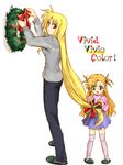  blonde_hair bow christmas fate_testarossa hair_bow long_hair low-tied_long_hair lyrical_nanoha mahou_shoujo_lyrical_nanoha multiple_girls ribbon thighhighs very_long_hair vivio wreath 