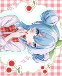  1girl absurdres blue_eyes blue_hair blush bow bowtie cherry cherry_pop_(vocaloid) double_bun food fruit green_bow green_hairband hair_between_eyes hair_bow hair_bun hair_ornament hairband hatsune_miku heart heart_hair_ornament highres ibispaint_(medium) long_sleeves looking_at_viewer medium_hair mouth_hold plaid_background plaid_bow plaid_bowtie plaid_clothes red_background red_bow red_bowtie red_nails shiina_(user_ecjx4545) shirt sidelocks sideways solo sparkle vocaloid white_shirt 