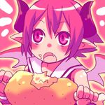  boned_meat disgaea eating fang food horns lowres makai_senki_disgaea_3 meat pink_eyes pink_hair pointy_ears raspberyl sailor_collar solo tsuyuka_(sunny_spot) white_sailor_collar wings 