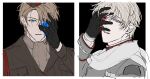  2boys aiguillette america_(hetalia) ascot axis_powers_hetalia black_background black_gloves blonde_hair blood blood_on_face blue_blood blue_eyes border breast_pocket brown_ascot brown_jacket brown_shirt commentary_request from_side gloves grey_jacket hand_on_own_face hand_up hat jacket knife80s lapels long_sleeves looking_at_viewer male_focus military_hat military_jacket military_uniform mini_hat multiple_boys one_eye_covered pocket purple_eyes russia_(hetalia) scarf shirt short_hair simple_background smile teeth upper_body white_border white_hair white_scarf 