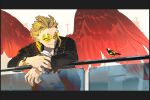  1boy against_railing bird black_jacket blonde_hair boku_no_hero_academia closed_mouth cup disposable_coffee_cup disposable_cup hawks_(boku_no_hero_academia) highres holding holding_cup horocca jacket letterboxed long_sleeves looking_at_animal male_focus outdoors railing red_wings solo tinted_eyewear watch weapon wings wristwatch yellow-tinted_eyewear 