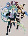  4girls :d bad_id bad_pixiv_id belt black_hair black_legwear blonde_hair blue_eyes blue_hair blue_scarf boots breasts brother_and_sister cleavage crop_top detached_sleeves everyone green_eyes green_hair hair_ornament hair_ribbon hairclip hatsune_miku headset holding_hands izumi_(nagashi) kagamine_len kagamine_rin kaito kamui_gakupo kneehighs legs long_hair looking_back loose_socks medium_breasts meiko midriff multiple_boys multiple_girls necktie open_mouth pleated_skirt ponytail purple_hair red_eyes ribbon scarf short_hair shorts siblings simple_background skirt sleeveless smile socks spiked_hair standing thigh_boots thighhighs twins twintails very_long_hair vocaloid walking zettai_ryouiki 