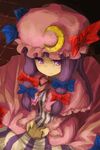  book crescent hat highres long_hair nail_polish oso_(toolate) patchouli_knowledge purple_hair purple_nails ribbon solo touhou 
