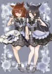  2girls absurdres agnes_tachyon_(umamusume) ahoge animal_ears black_corset black_hair black_skirt blue_skirt border bow bowtie breasts brown_hair collar corset crea_tiramisu dress ear_ornament ear_tag earrings frilled_collar frills grey_background grey_dress hair_between_eyes high_heels highres holding holding_microphone horse_ears horse_girl jewelry long_hair looking_at_viewer manhattan_cafe_(umamusume) medium_hair microphone multicolored_hair multiple_girls open_mouth ornate_border pink_hair plaid_clothes plaid_footwear pleated_skirt purple_bow purple_bowtie red_eyes showgirl_skirt single_earring skirt small_breasts standing standing_on_one_leg umamusume very_long_hair white_hair white_skirt yellow_eyes 