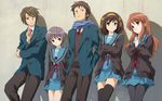  asahina_mikuru brown_eyes brown_hair group headband ikeda_shouko koizumi_itsuki kyon male nagato_yuki purple_hair ribbons scarf seifuku suzumiya_haruhi suzumiya_haruhi_no_yuutsu thighhighs 