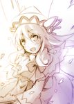  bow capelet dress hat kazetto lily_white long_hair long_sleeves monochrome open_mouth smile solo touhou wings 