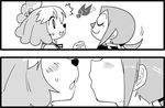  1boy 1girl animal_ears bell blush close-up comic crossdressing dog_ears doubutsu_no_mori emoticon gameplay_mechanics greyscale hair_bell hair_ornament hetero holding_hands imminent_kiss interlocked_fingers monochrome otoko_no_ko puckered_lips seki_(red_shine) shizue_(doubutsu_no_mori) short_ponytail silent_comic sweatdrop topknot villager_(doubutsu_no_mori) 