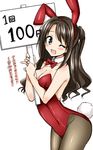  ;d animal_ears bare_shoulders blush bow bowtie brown_hair bunny_ears bunny_tail bunnysuit collarbone fake_animal_ears holding holding_sign idolmaster idolmaster_cinderella_girls leotard long_hair one_eye_closed open_mouth pantyhose placard red_leotard shimamura_uzuki sign smile solo tail translated tsukudani_norio yellow_eyes 