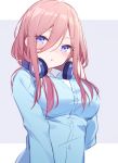  1girl :t blue_cardigan blue_eyes blush breasts buttons closed_mouth collared_shirt commentary_request go-toubun_no_hanayome hair_between_eyes hand_up head_tilt headphones headphones_around_neck kurisu_tina large_breasts long_hair long_sleeves looking_at_viewer nakano_miku pink_hair pout shirt sidelocks sketch solo upper_body valentine 