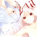  bad_id bad_pixiv_id bow collarbone fujiwara_no_mokou hair_bow highres kamishirasawa_keine long_hair lying multiple_girls nude on_back on_side out-of-frame_censoring red_eyes shuzi silver_hair touhou upper_body 