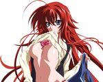  absurdres ahoge blue_eyes bra bra_lift breasts clothes_lift eyebrows_visible_through_hair floating_hair hair_between_eyes high_school_dxd highres holding large_breasts long_hair looking_at_viewer midriff mouth_hold navel red_bra red_hair rias_gremory shiny shiny_skin solo standing stomach sweater sweater_lift touhu_(f&quot;riend_coffee) underboob underwear upper_body vector_trace very_long_hair 