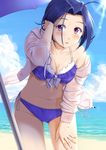  :o ahoge beach bikini blue_hair blush breasts cleavage cloud collarbone cowboy_shot day idolmaster idolmaster_(classic) lens_flare light_rays looking_at_viewer medium_breasts miri_(ago550421) miura_azusa navel off_shoulder outdoors pink_eyes short_hair side-tie_bikini sky solo sunbeam sunlight swimsuit transparent umbrella 