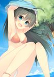  7zu7 ahoge anklet armpits arms_up barefoot bikini blue_eyes blush breasts cleavage cloud day fang ganaha_hibiki green_hair high_ponytail idolmaster idolmaster_(classic) jewelry long_hair medium_breasts ocean open_mouth ponytail sky solo swimsuit tree undressing very_long_hair water 