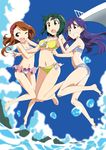  bikini blue_hair brown_eyes brown_hair green_hair hairband idolmaster idolmaster_(classic) jumping kisaragi_chihaya long_hair minase_iori mole mole_under_mouth multiple_girls ocean one_eye_closed otonashi_kotori red_eyes short_hair smile swimsuit takeya_yuuki water 