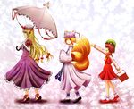  animal_ears ankle_cuffs ankle_ribbon ankle_socks blonde_hair bow cat_ears chen dress elbow_gloves fox_tail gin_fuaru gloves gradient gradient_background hair_bow hands_in_opposite_sleeves hat hat_ribbon high_heels highres jewelry long_hair long_sleeves looking_at_viewer mob_cap multiple_girls multiple_tails no_tail outstretched_arm picnic_basket pillow_hat profile ribbon shadow shoes short_hair single_earring skirt skirt_set smile tail touhou umbrella walking yakumo_ran yakumo_yukari yellow_eyes 