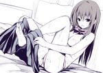  :d barefoot blush bow breasts feet leaning_back long_hair medium_breasts monochrome nipples open_mouth original oryou panties pussy_juice sitting skirt skirt_around_ankles smile solo spot_color sweat topless underwear undressing 