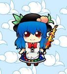  blue_hair cloud crystal food fruit hat hinanawi_tenshi leaf long_hair peach red_eyes ribbon soramame1110 sword sword_of_hisou touhou weapon 