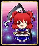  coin highres one_eye_closed onozuka_komachi open_mouth red_eyes red_hair scythe short_hair smile soramame1110 touhou two_side_up 